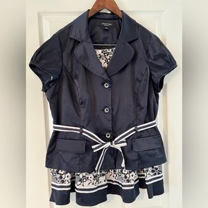 Perceptions Navy Blue Short Sleeve Peplum Skirt Set with White Trim